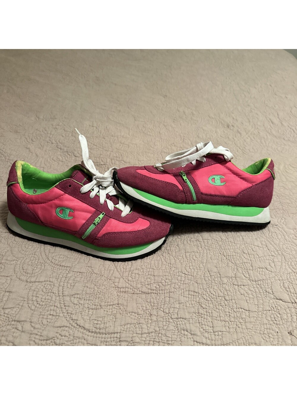 Pink Lime Green Champion Tennis Shoe Size 7.5 Classic 80 Style Dual Laces Zipper